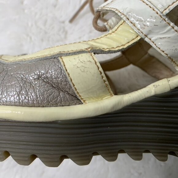 Fly London Women\'s Silver Beige Leather Wedge Shoes Size 37